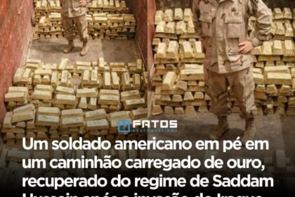 Um soldado americano em pé em um caminhão carregado de ouro, recuperado do regime de Saddam Hussein após a invasão do Iraque, 2003.