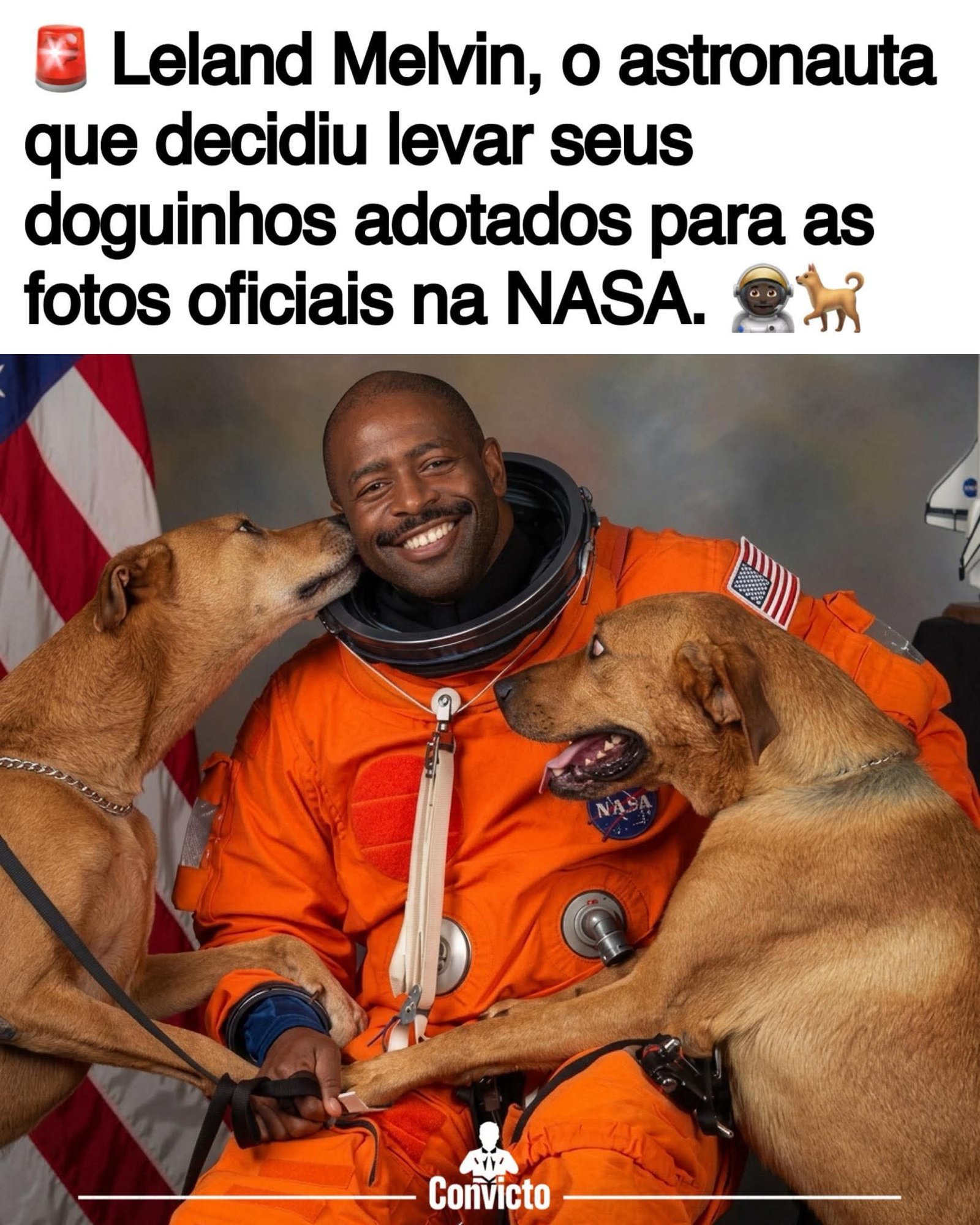 Leland Melvin, o astronauta que decidiu levar seus doguinhos adotados para as fotos oficiais na NASA.