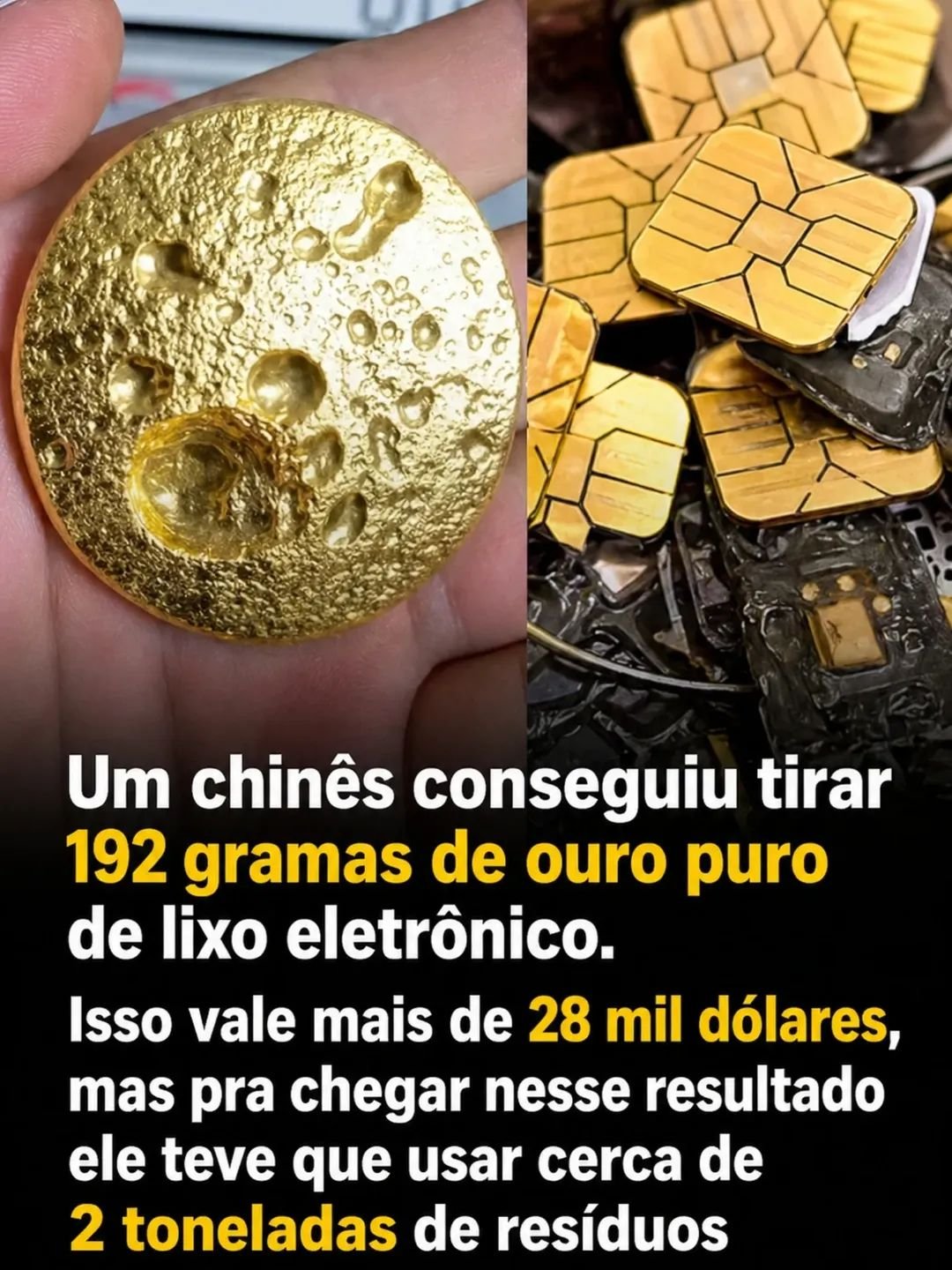 Um chinês conseguiu tirar 192 gramas de ouro puro de lixo eletrônico.Isso vale mais de 28 mil dólares, mas pra chegar nesse resultado ele teve que usar cerca de 2 toneladas de resíduos