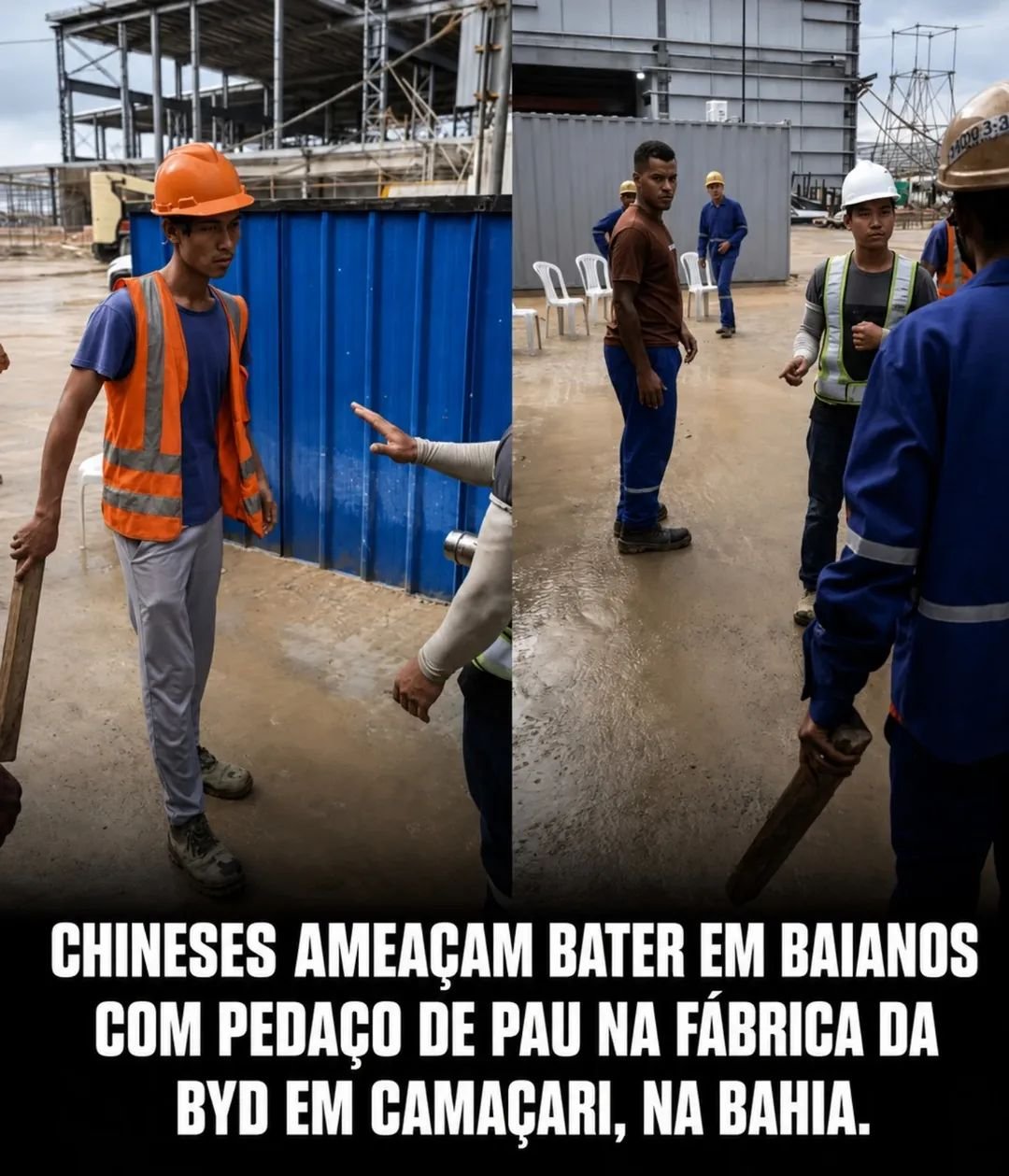 CHINESES AMEAÇAM BATER EM BAIANOS COM PEDAÇO DE PAU NA FÁBRICA DA BYD EM CAMAÇARI, NA BAHIA.