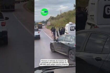 Esse nunca mais faz isso ! Homem é retirado da traseira de caminhão por policiais penais na BR-040