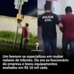 Um homem se especializou em roubar radares de trânsito. Ele era ex-funcionário da empresa e levou equipamentos avaliados em R$ 10 mil cada. Um homem se especializou em roubar radares de trânsito. Ele era ex-funcionário da empresa e levou equipamentos avaliados em R$ 10 mil cada.