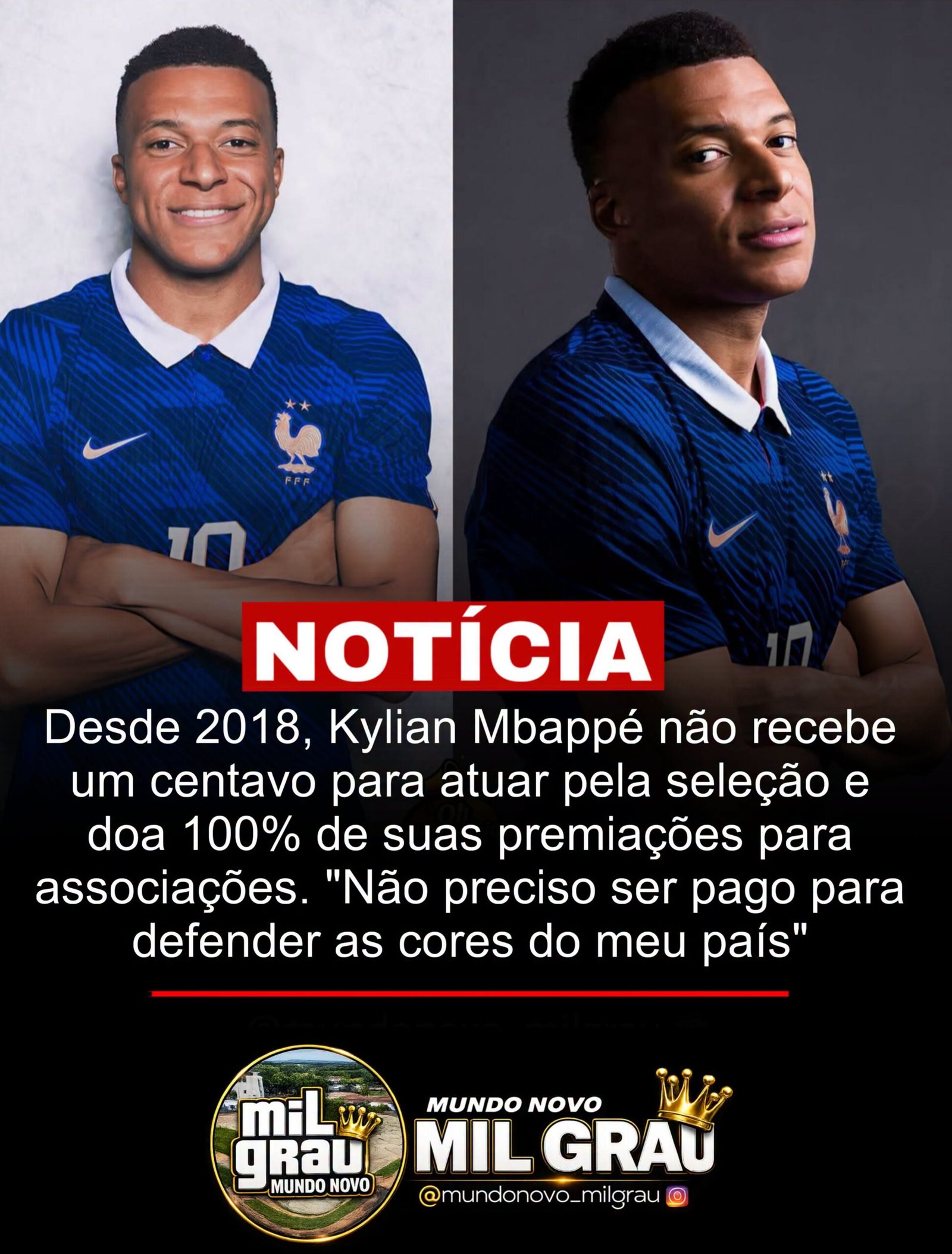 Desde 2018, Kylian Mbappé não recebe um centavo para atuar pela seleção e doa 100% de suas premiações para associações. “Não preciso ser pago para defender as cores do meu país Desde 2018, Kylian Mbappé não recebe um centavo para atuar pela seleção e doa 100% de suas premiações para associações. “Não preciso ser pago para defender as cores do meu país
