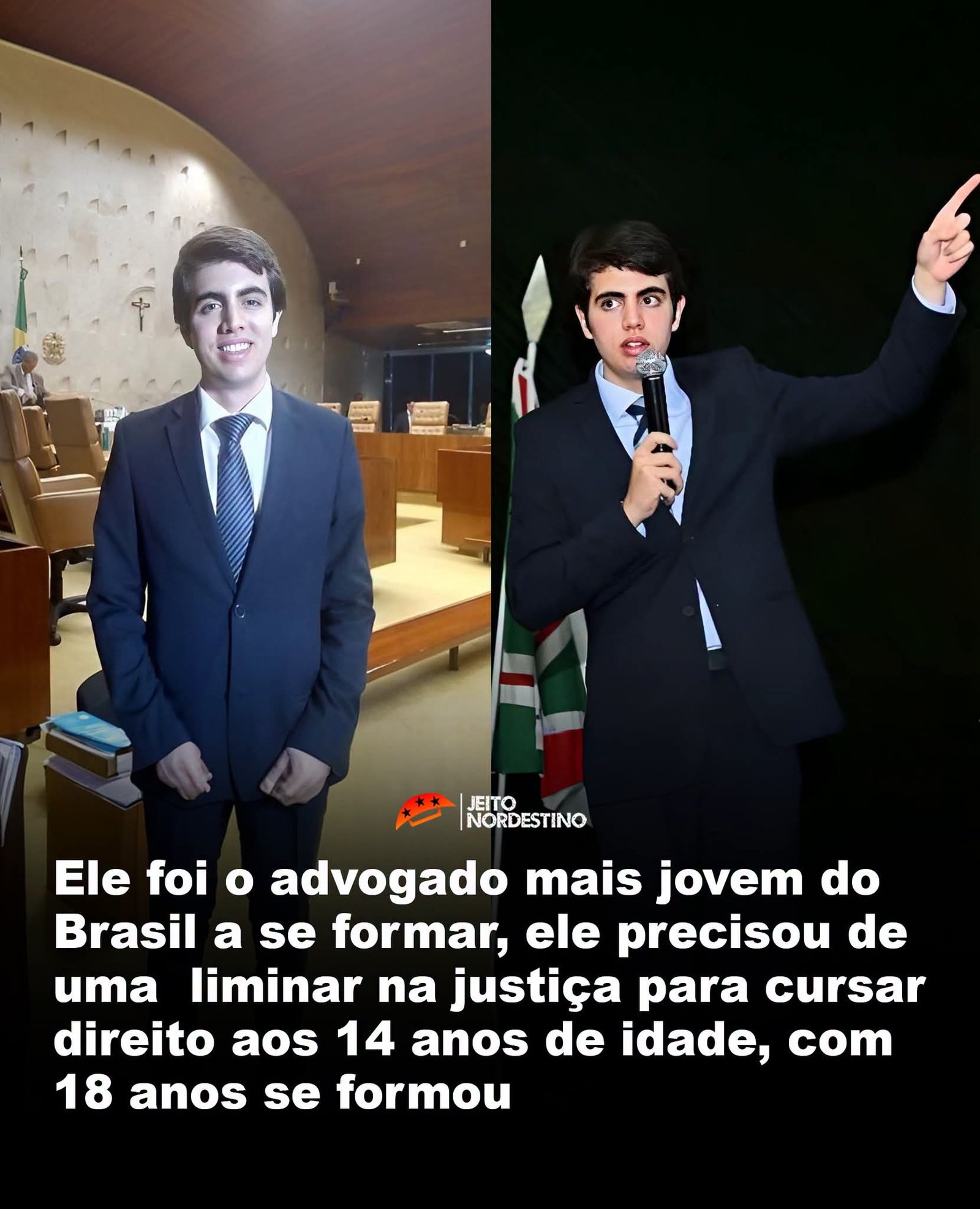 Ele foi o advogado mais jovem do Brasil a se formar, ele precisou de uma liminar na justiça para cursar direito aos 14 anos de idade, com 18 anos se formou Ele foi o advogado mais jovem do Brasil a se formar, ele precisou de uma liminar na justiça para cursar direito aos 14 anos de idade, com 18 anos se formou