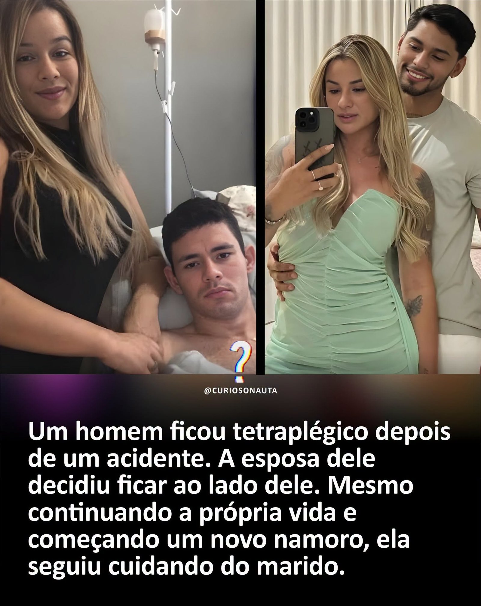 Um homem ficou tetraplégico depois de um acidente. A esposa dele decidiu ficar ao lado dele. Mesmo continuando a própria vida e começando um novo namoro, ela seguiu cuidando do marido.