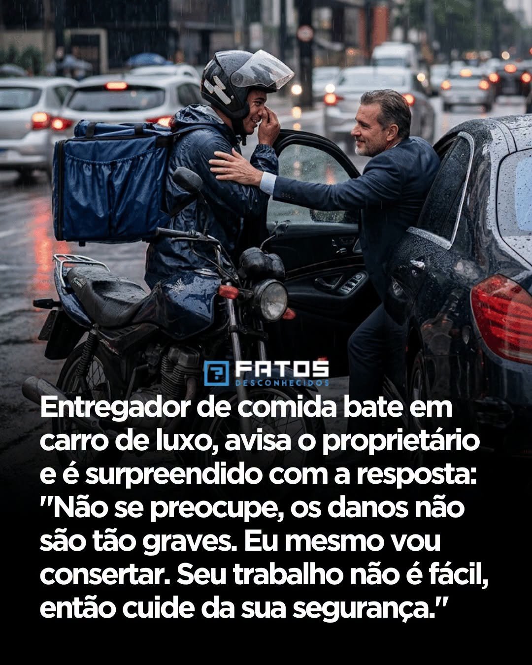Entregador de comida bate em carro de luxo, avisa o proprietário e é surpreendido com a resposta: “Não se preocupe, os danos não são tão graves. Eu mesmo vou consertar. Seu trabalho não é fácil, então cuide da sua segurança.