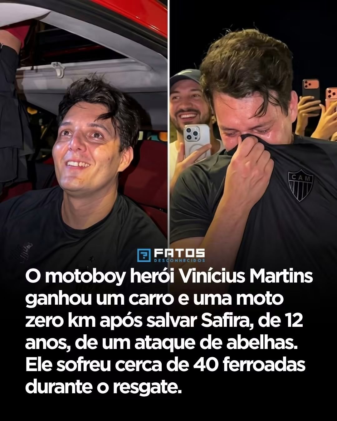 O motoboy herói Vinícius Martins ganhou um carro e uma moto zero km após salvar Safira, de 12 anos, de um ataque de abelhas. Ele sofreu cerca de 40 ferroadas durante o resgate.